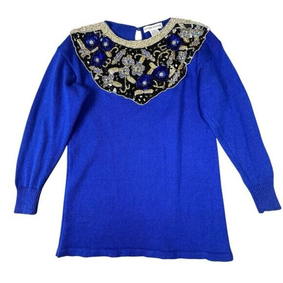 VTG Victoria Harbour Sweater Tunic Shirt Women's Size M Royal Blue Beaded Sequin - Picture 4 of 13